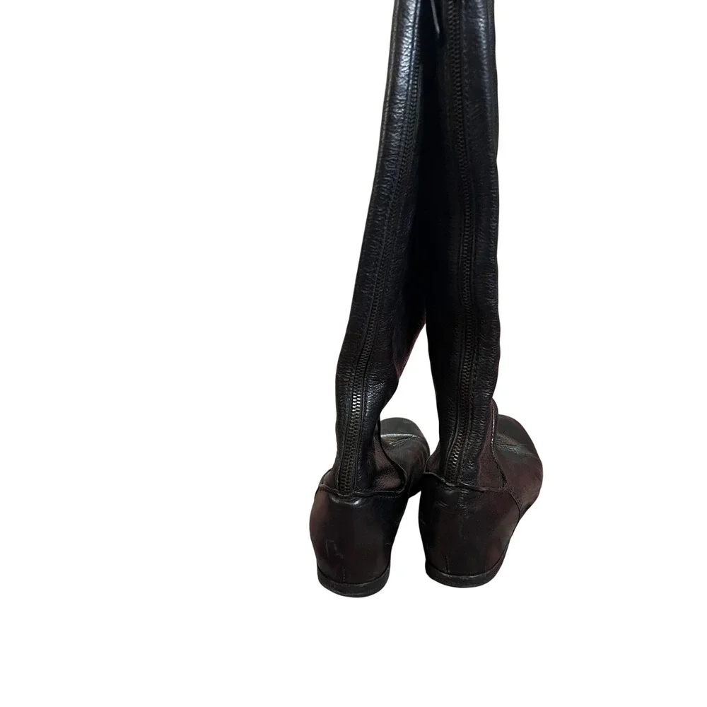 Via Spiga Black Leather Knee High Boots Zip Back Wedge‎ Heel Womens Size 8